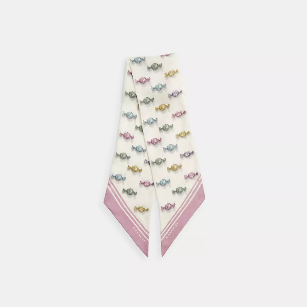 Brede smalle zijden sjaal met 'Wrapped Candies'-print