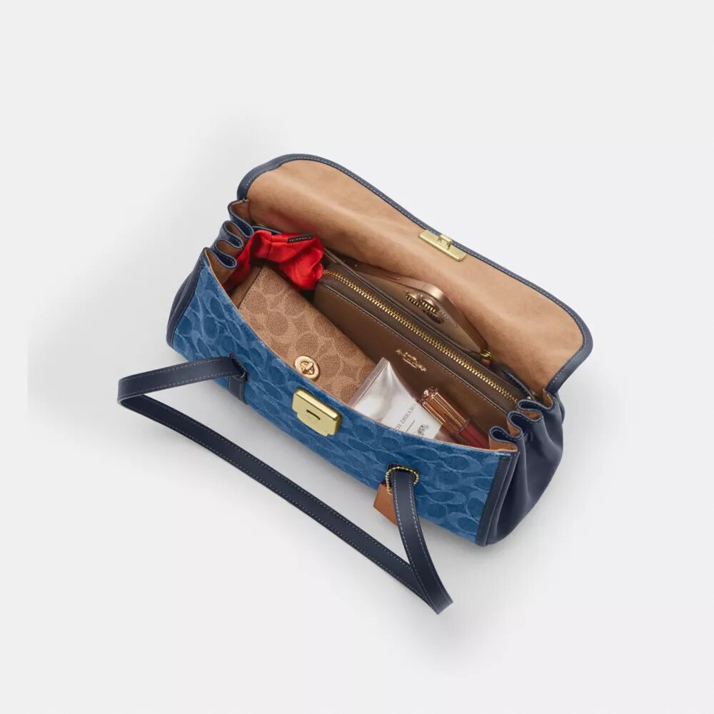Bridget-schoudertas met klep in kenmerkend denim