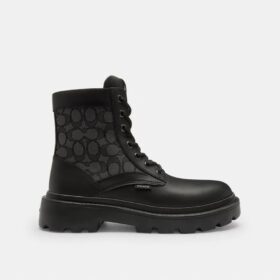 Combat boots with a distinctive jacquard pattern