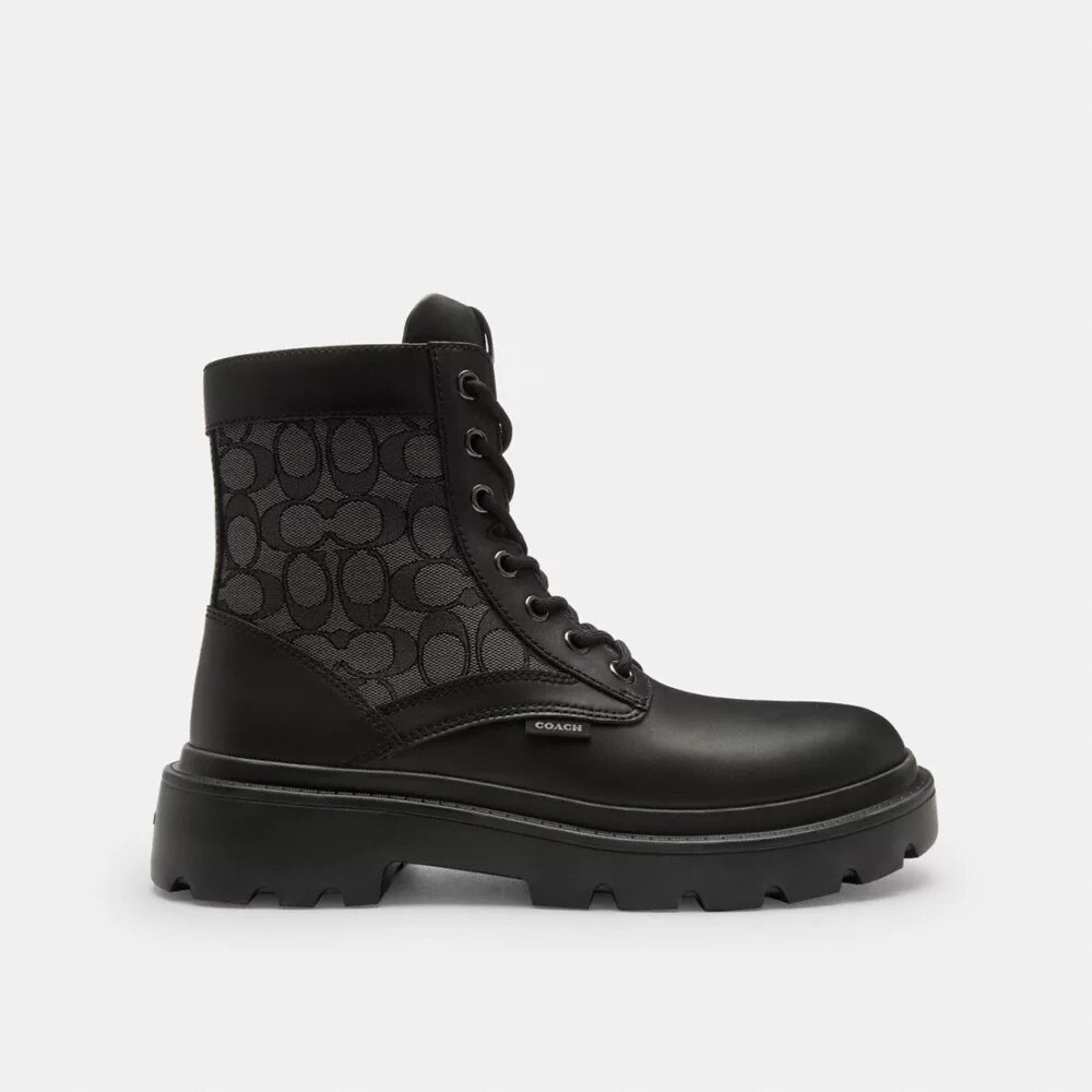 Combat boots with a distinctive jacquard pattern