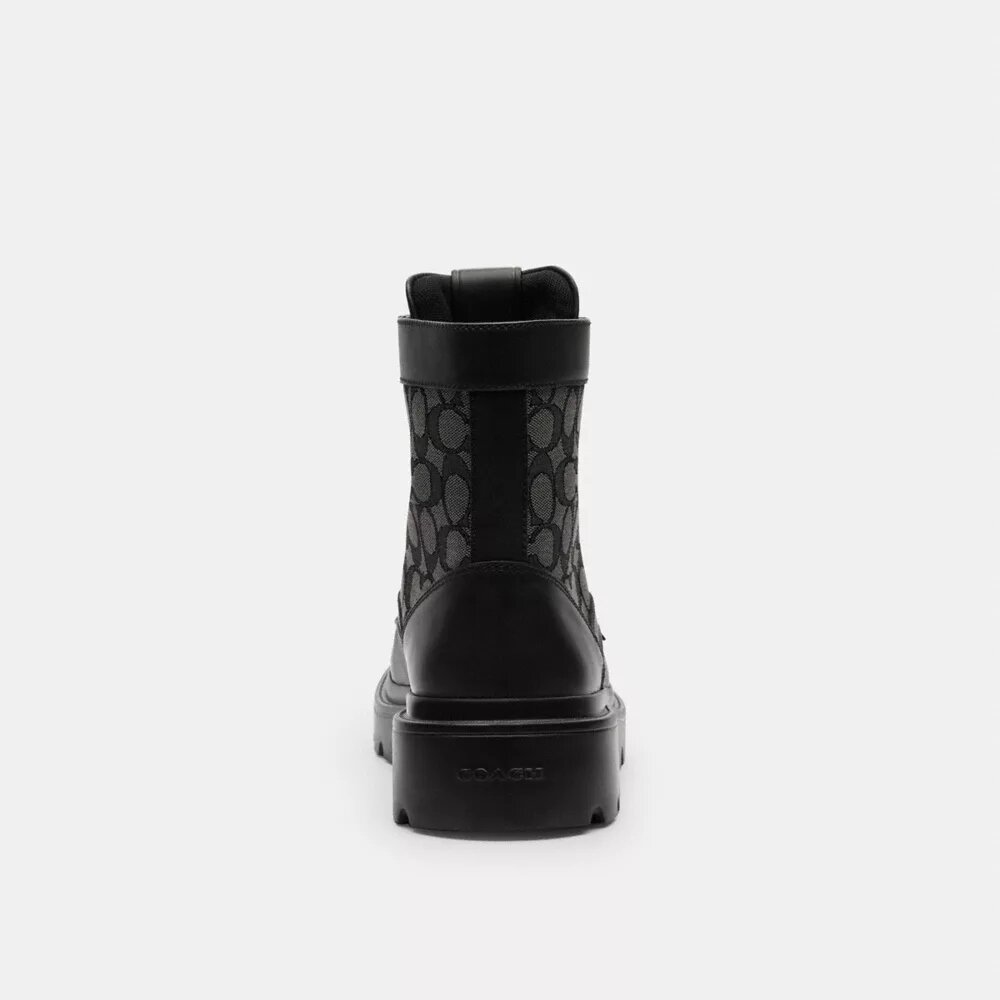 Combat boots with a distinctive jacquard pattern
