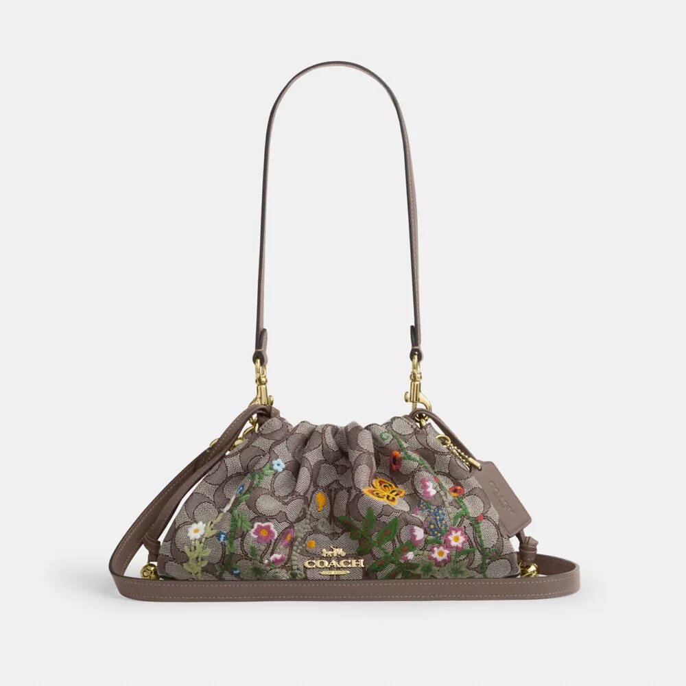 Faye-schoudertas in kenmerkend jacquard met bloemenborduursel