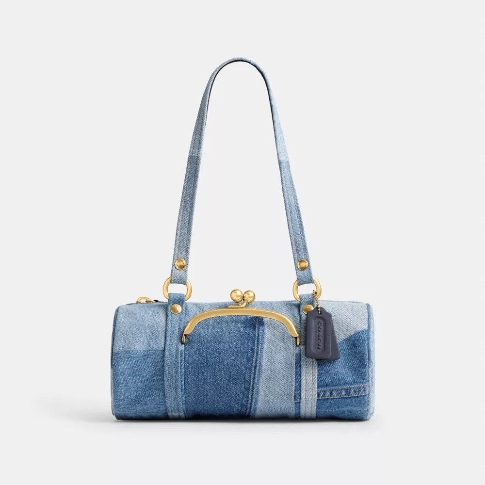 Kisslock Barrel-tas 28 van hergebruikt denim