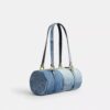Kisslock Barrel-tas 28 van hergebruikt denim