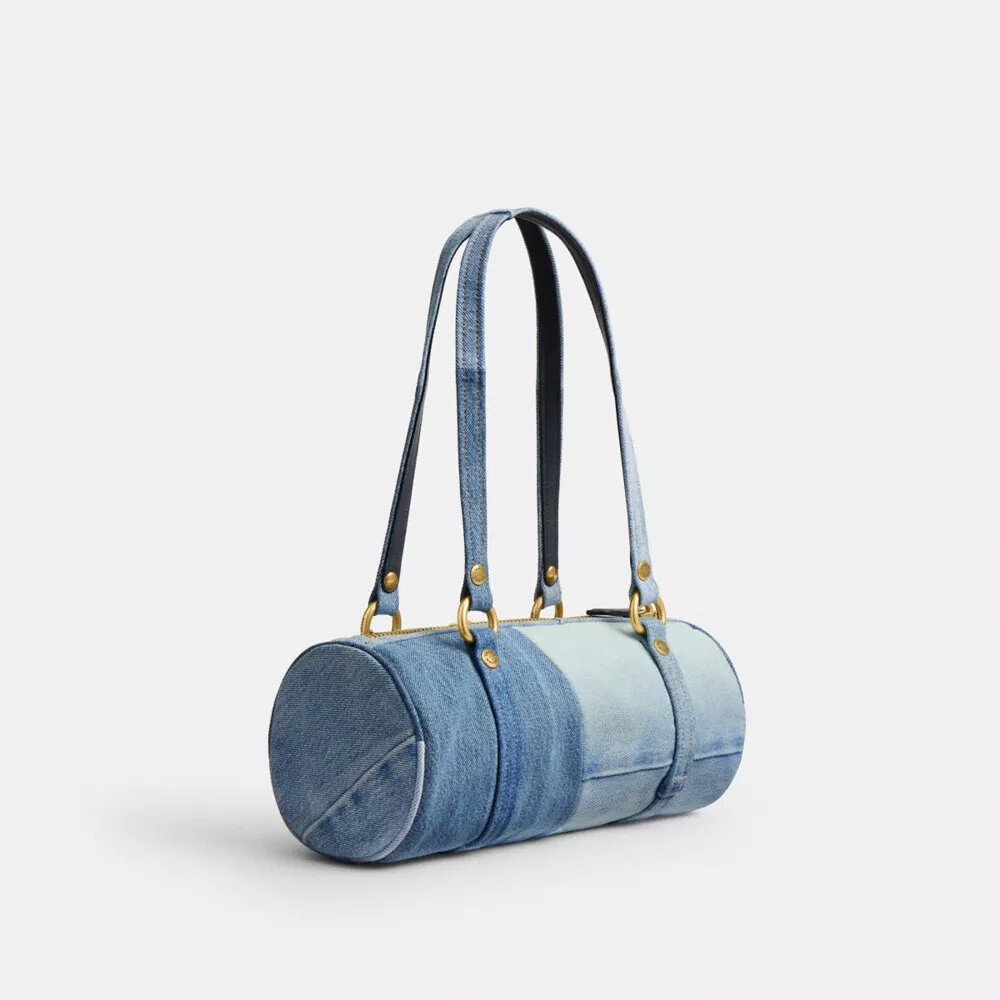 Kisslock Barrel-tas 28 van hergebruikt denim