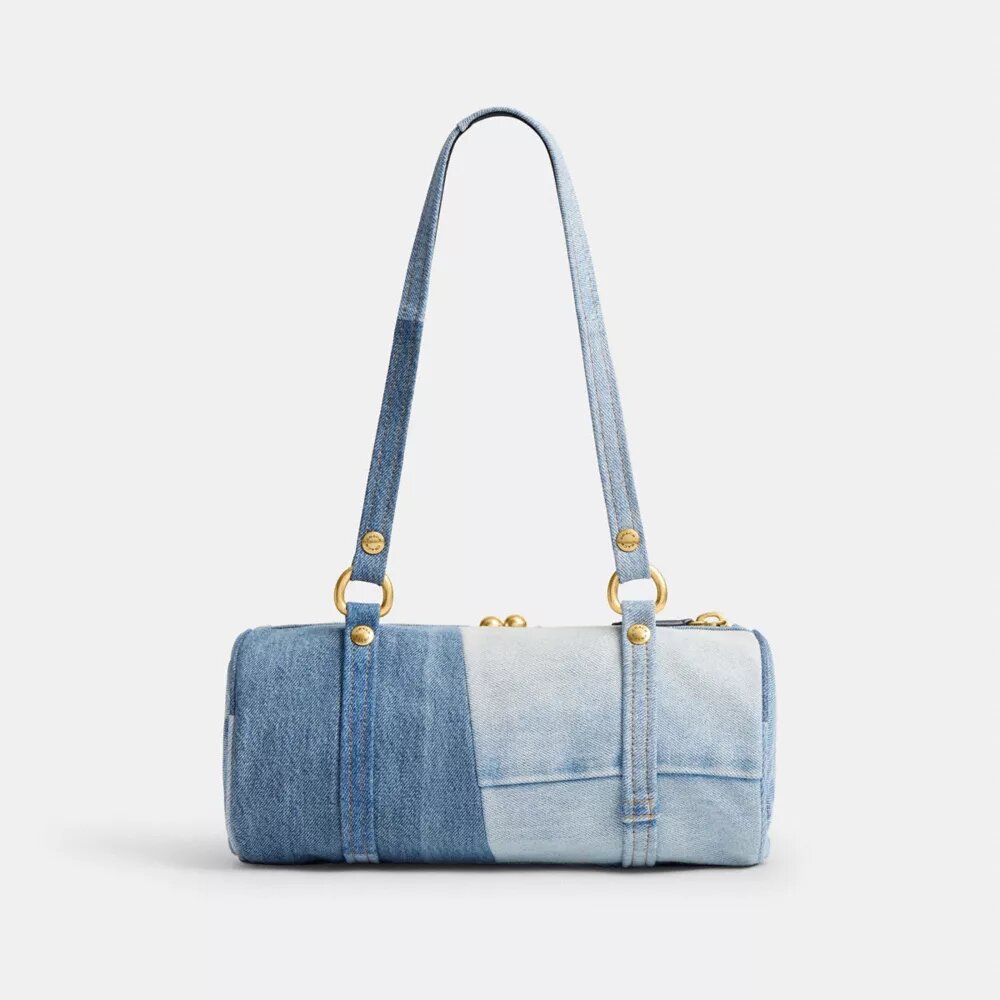 Kisslock Barrel-tas 28 van hergebruikt denim
