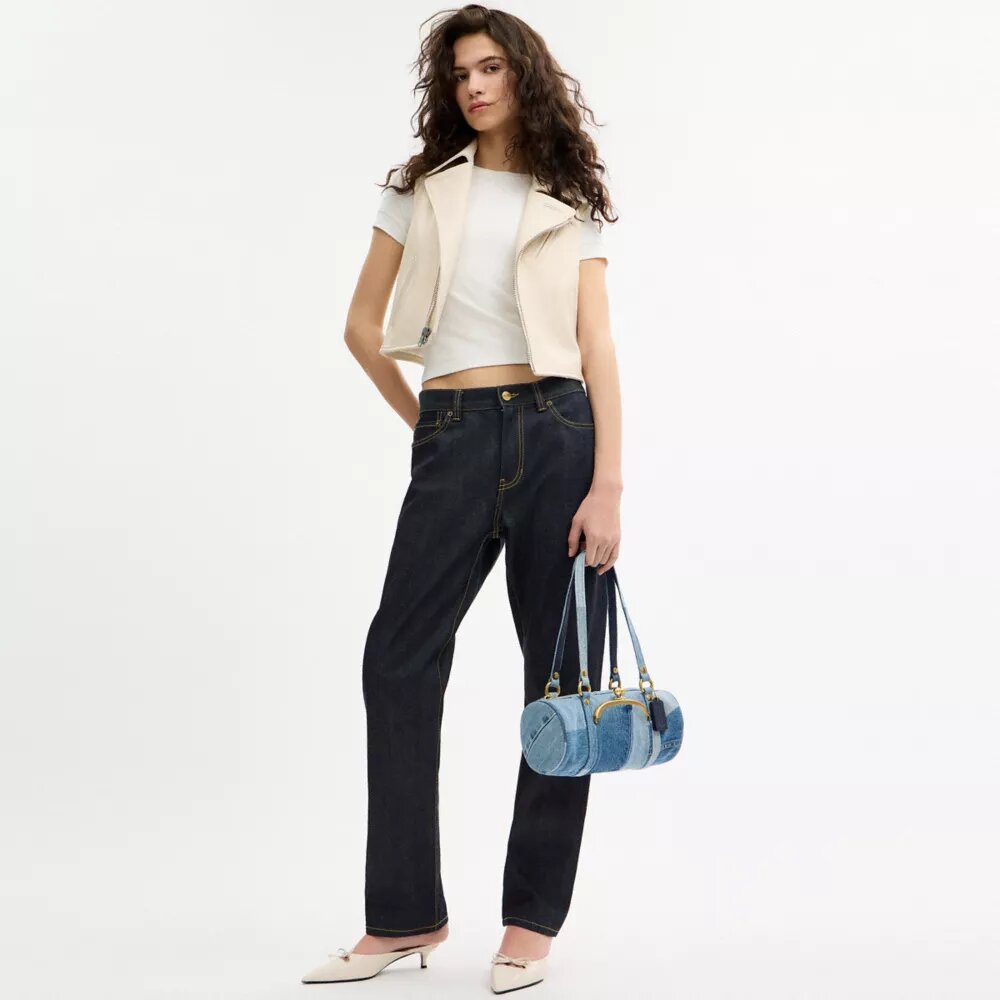 Kisslock Barrel-tas 28 van hergebruikt denim