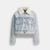 Kort Heritage C-denim truckerjas van biologisch katoen met schapenvachtkraag