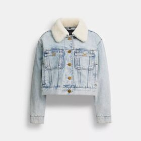 Kort Heritage C-denim truckerjas van biologisch katoen met schapenvachtkraag