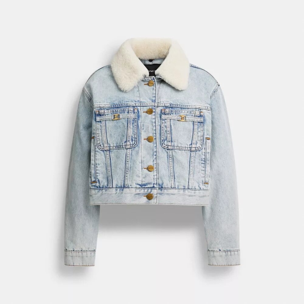 Kort Heritage C-denim truckerjas van biologisch katoen met schapenvachtkraag