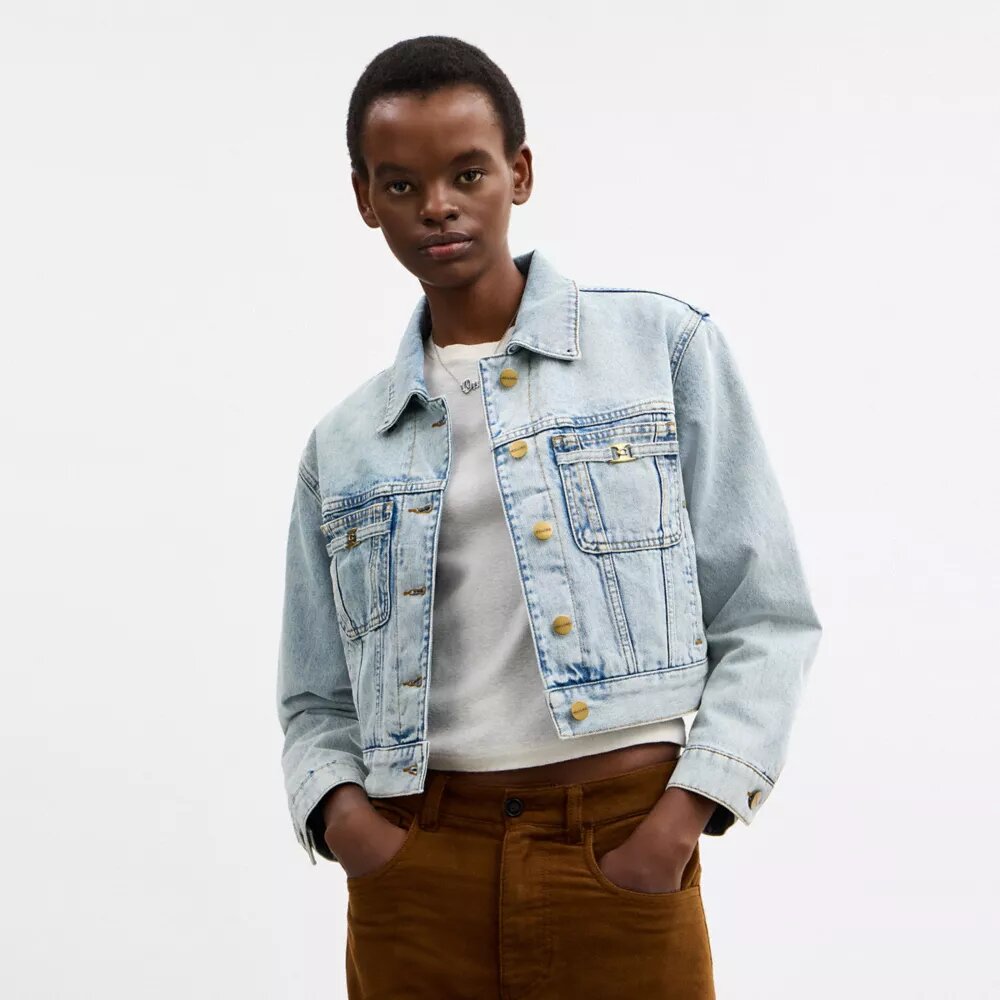 Kort Heritage C-denim truckerjas van biologisch katoen met schapenvachtkraag