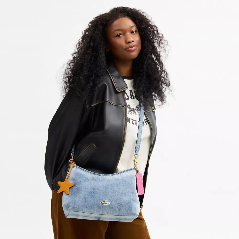 Laurel-schoudertas in Loved Denim met bedels