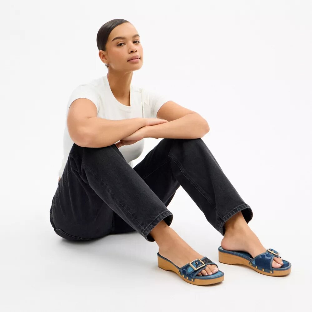Margot houten sandalen met kenmerkend denim-patchwork